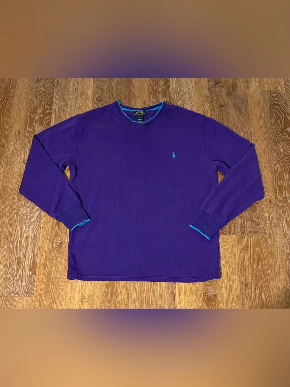 Polo by Ralph Lauren Purple V-Neck Long Sleeve Shirt with Teal Trim